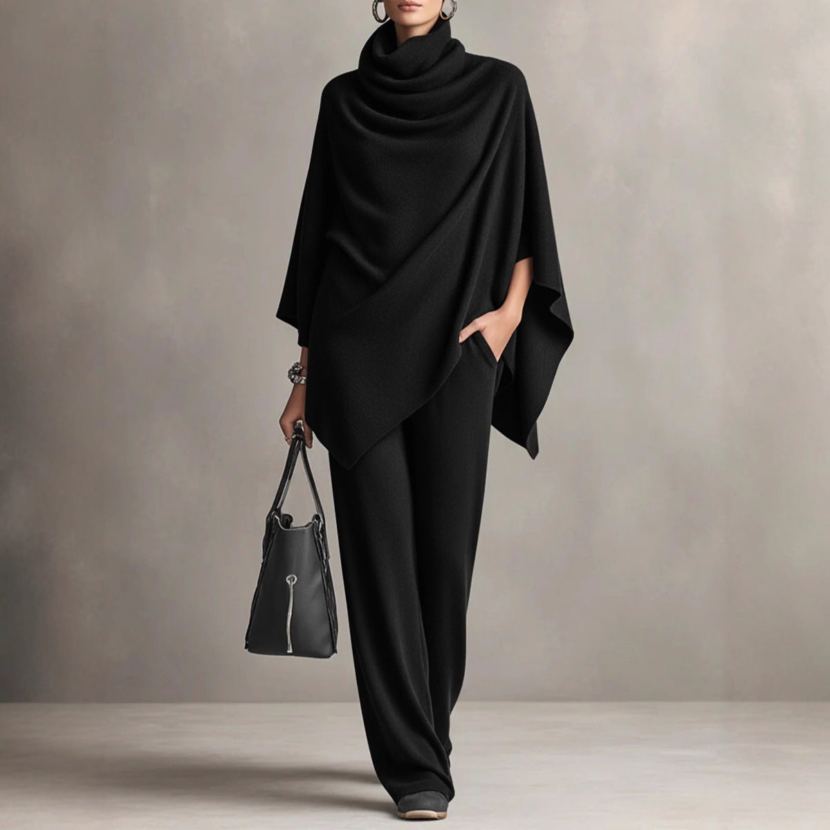 Women's Cowl Neck Poncho Wide Leg Pants Two Piece Set