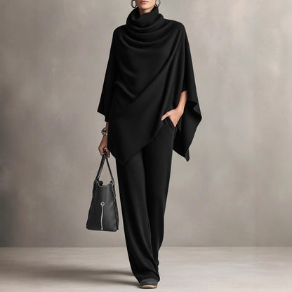 Women's Cowl Neck Poncho Wide Leg Pants Two Piece Set