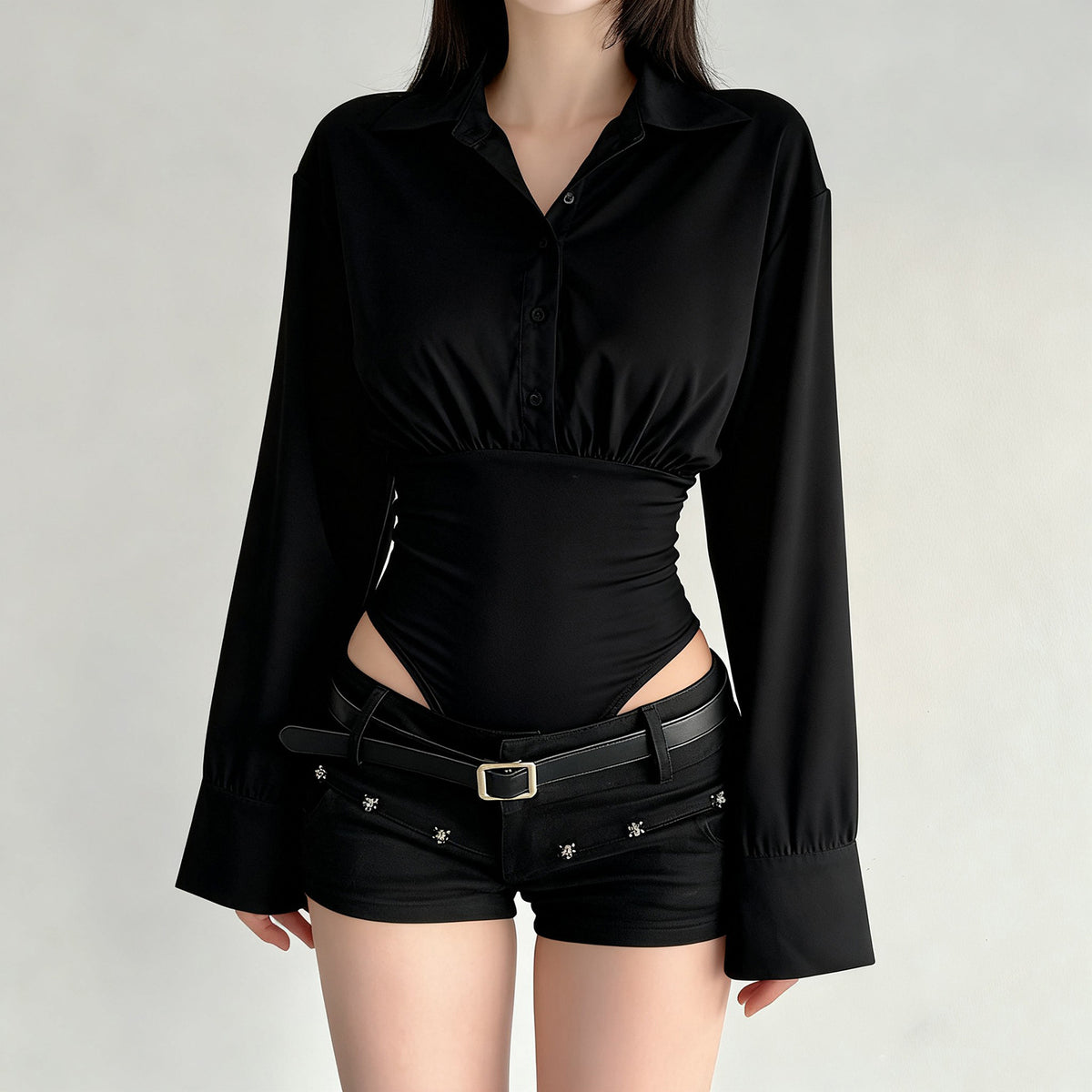 Women's Long Sleeve Collared Bodysuit Slim Fit Workwear