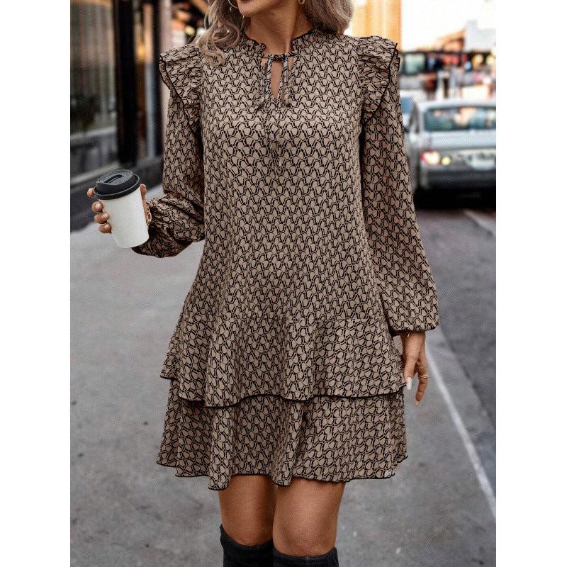 Tie Neck Long Sleeve Tiered A-Line Mini Dress