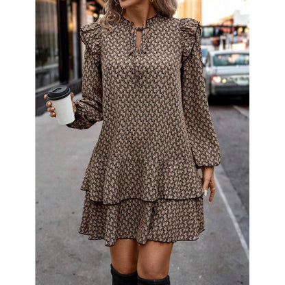 Tie Neck Long Sleeve Tiered A-Line Mini Dress
