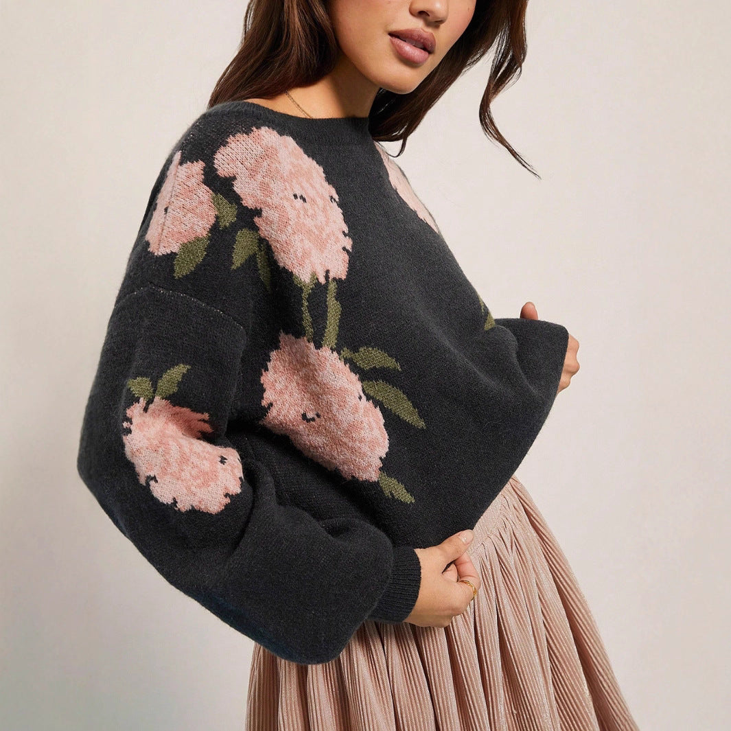 Women's Off Shoulder Floral Sweater Long Sleeve Oversized