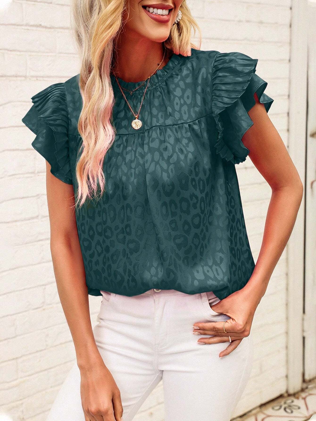 Beige Textured Ruffle Sleeve Blouse Chic Summer Top