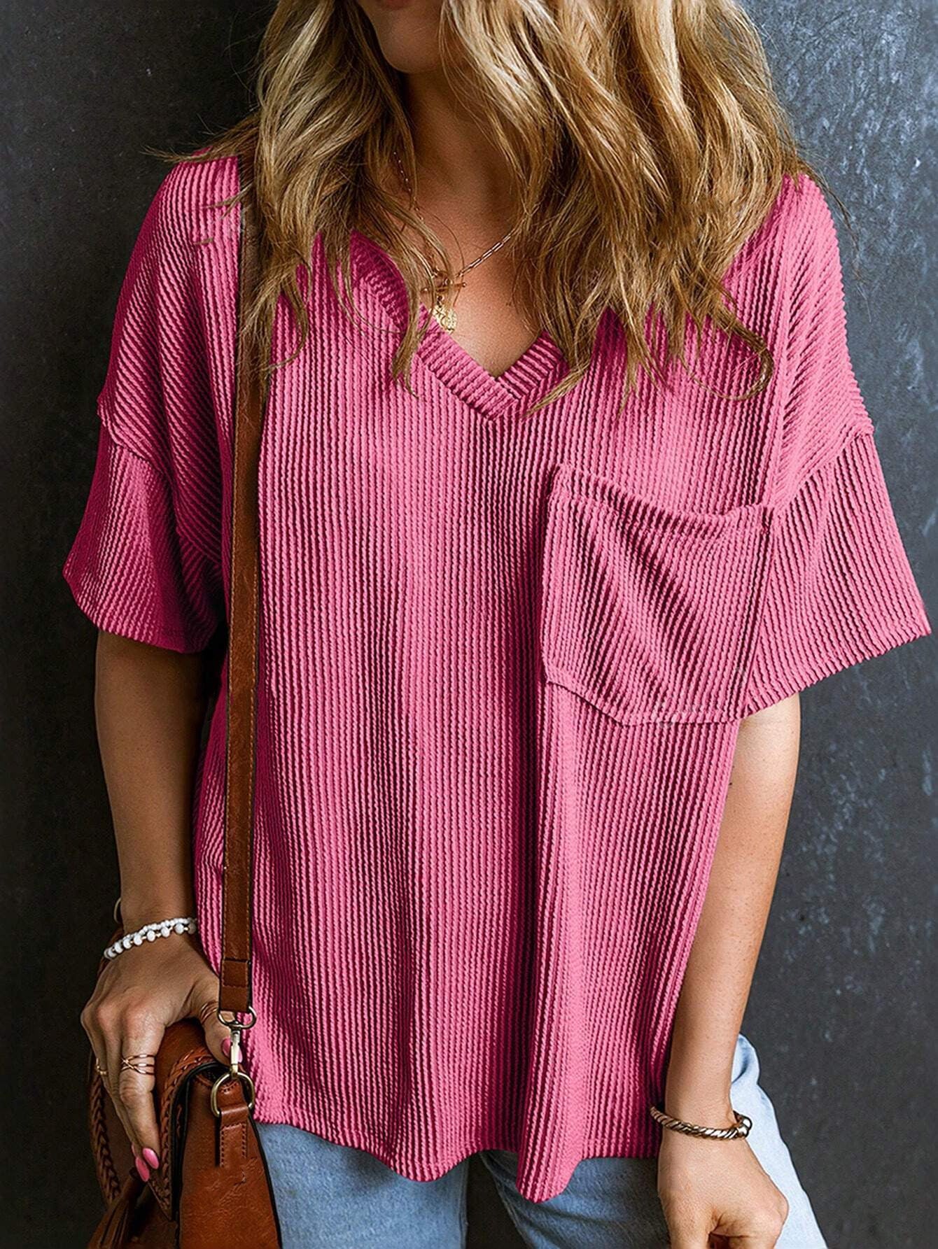 Women’s Ribbed V Neck Short Sleeve Pocket Tee