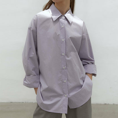 Women’s Cotton Mid-Length Button-Up Shirt Loose Casual Top