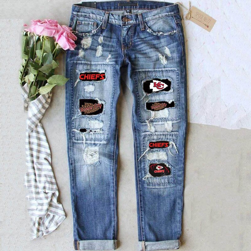 Customizable Distressed Patchwork Ripped Denim Jeans for Women