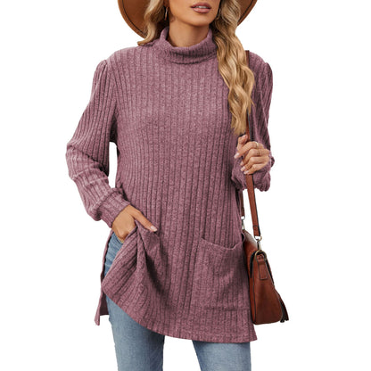 Women's Ribbed Mock Neck Long Sleeve Tunic with Pockets