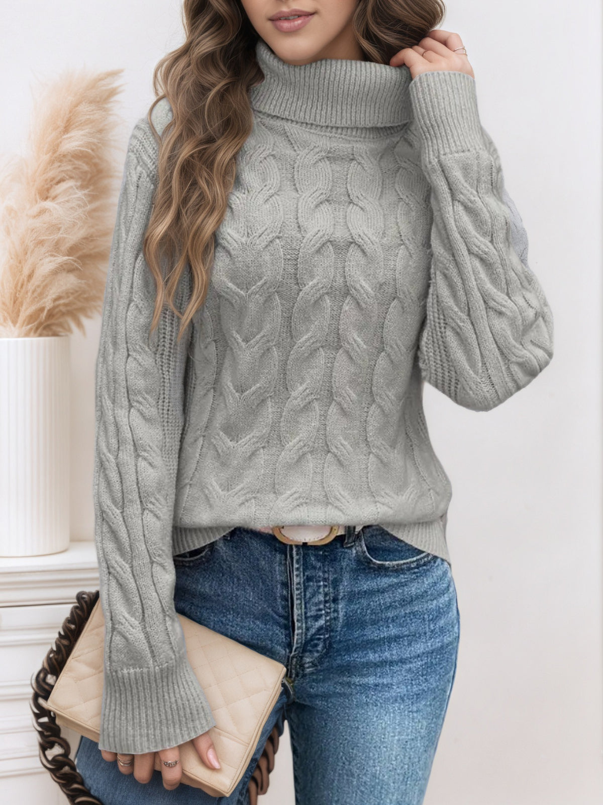 Women's Cable Knit Turtleneck Sweater Pullover