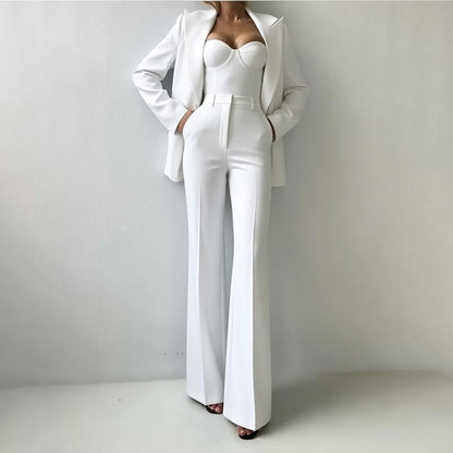 Women's 3 Piece Blazer Bustier Top Wide Leg Pants Set