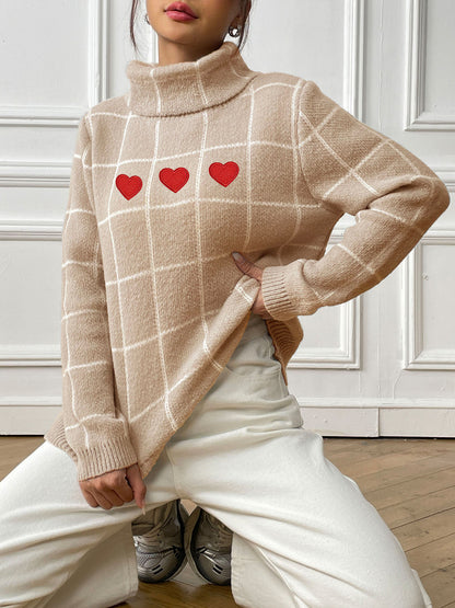 Women's Machine-woven Shirt Bottoming Shirt Contrasting Color Plaid Love Sticker Turtleneck Sweater