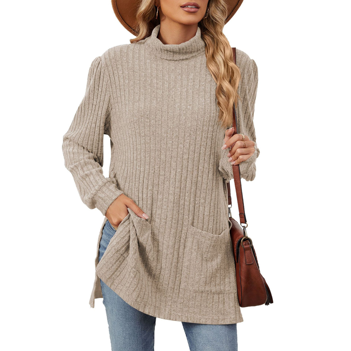 Women's Ribbed Mock Neck Long Sleeve Tunic with Pockets