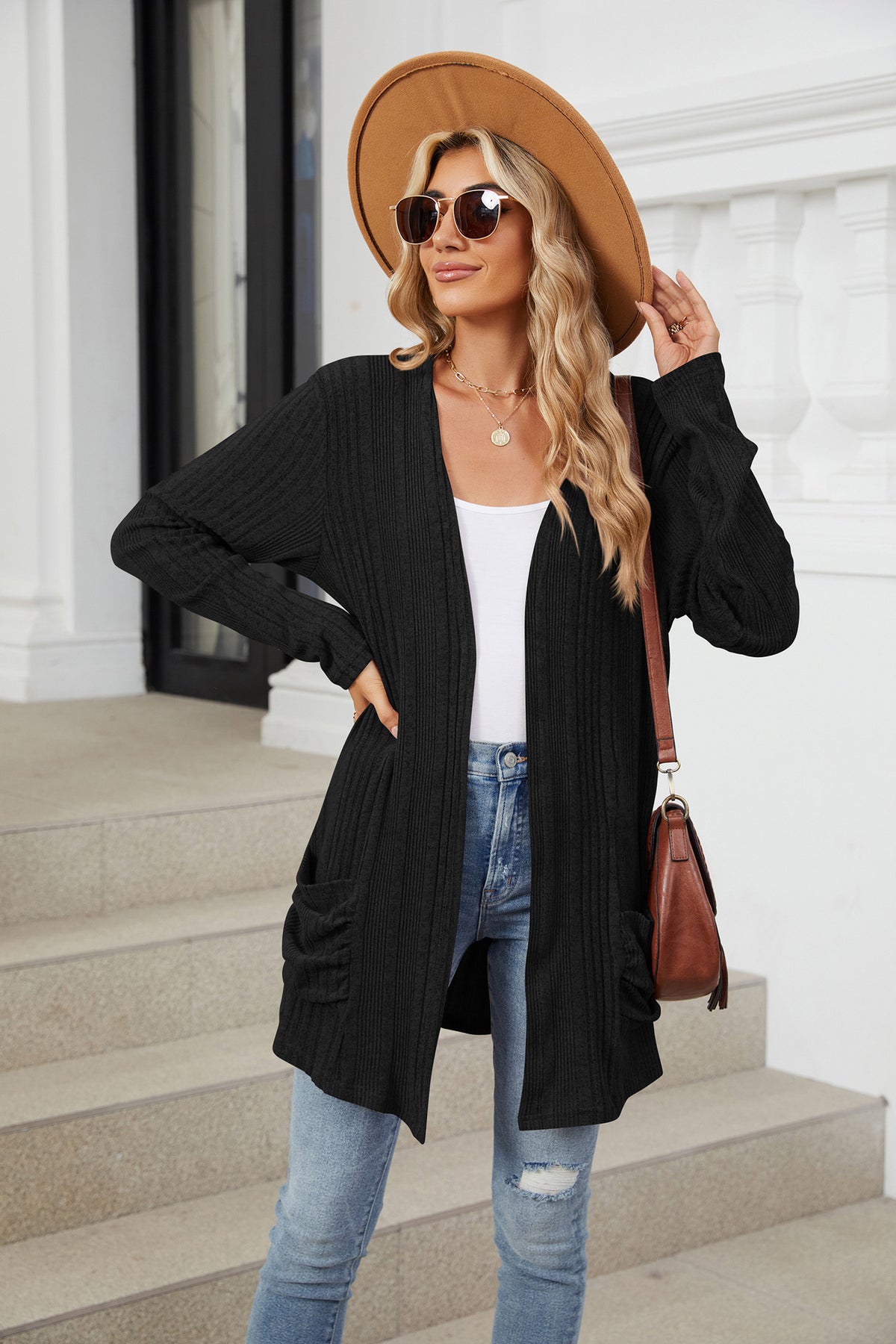Women's Long Sleeve Ribbed Open Front Cardigan Pockets