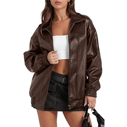 Women's Oversized Faux Leather Jacket Zip Up Collared