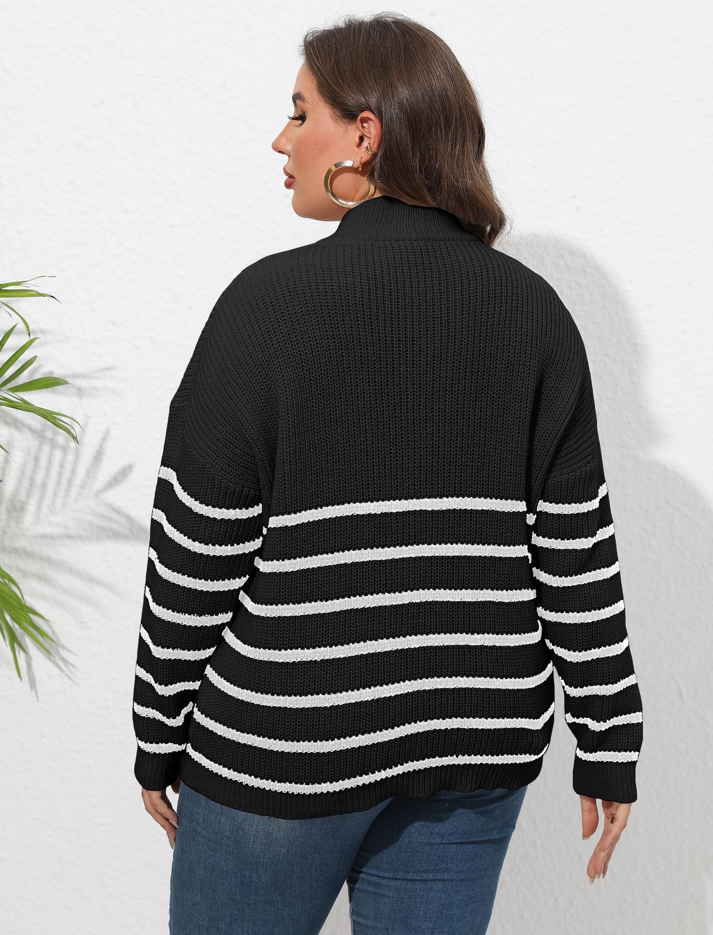 Women's Striped Splicing Love Zipper Pullover Sweater