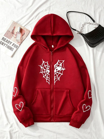Women's Gothic Spider Web Heart Print Zip Up Hoodie
