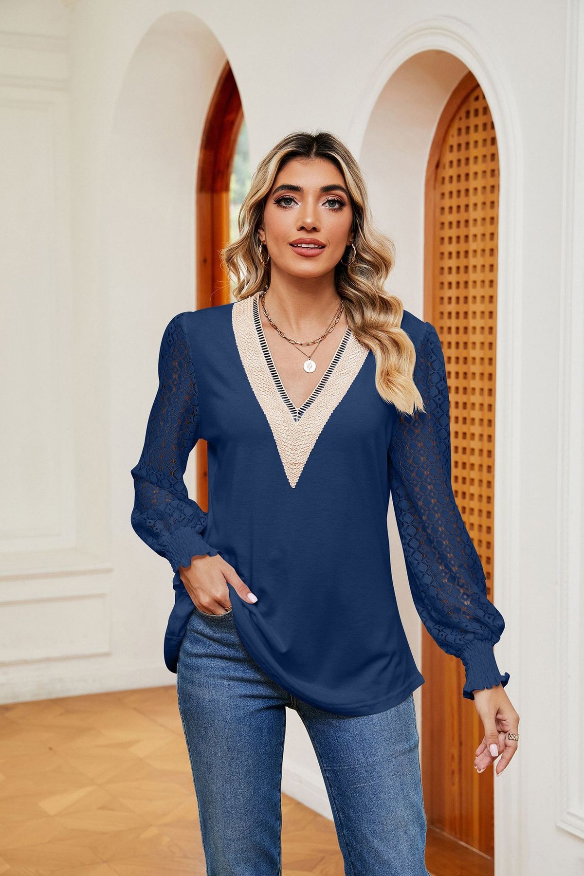 V-Neck Lace Long Sleeve Loose Fit Tunic Top