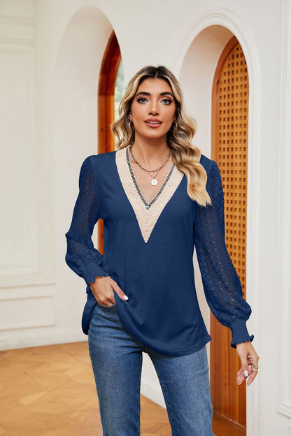 V-Neck Lace Long Sleeve Loose Fit Tunic Top