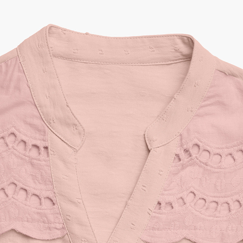 Women's Eyelet Ruffle Sleeve V-Neck Fitted Button Blouse