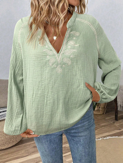 Boho Embroidered Cotton Blouse Women V Neck Peasant Top