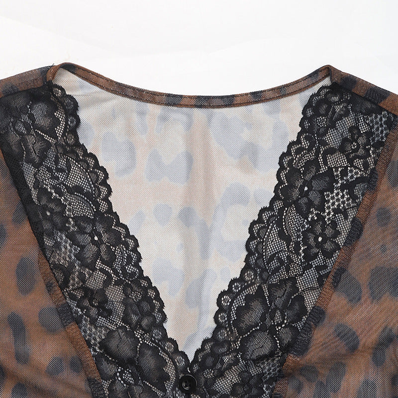 Fashion Leopard Print Sexy Mesh Stitching Horn Sleeve Onesie