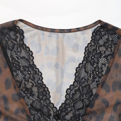 Fashion Leopard Print Sexy Mesh Stitching Horn Sleeve Onesie