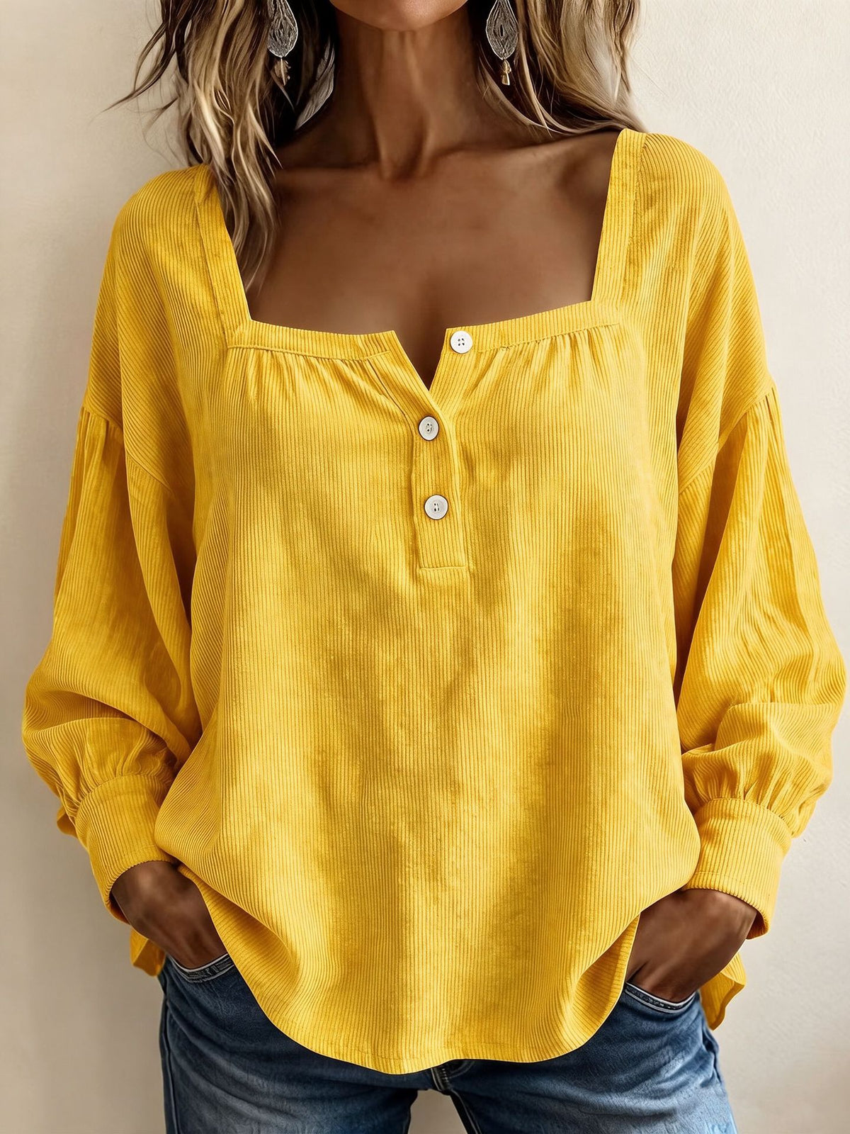 Square Neck Corduroy Top Button Front Long Sleeve Oversized