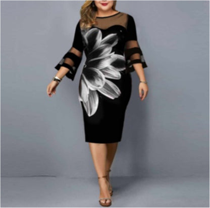 Plus Size Floral Mesh Bell Sleeve Bodycon Midi Dress