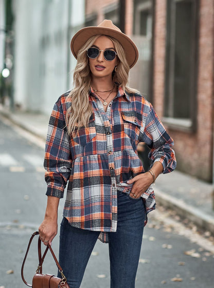 Plaid Lapel Long-Sleeve Casual Shirt with Pockets