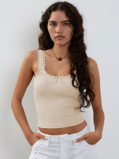 Ribbed Lace Trim Cami Top Slim Fit Cropped Tank