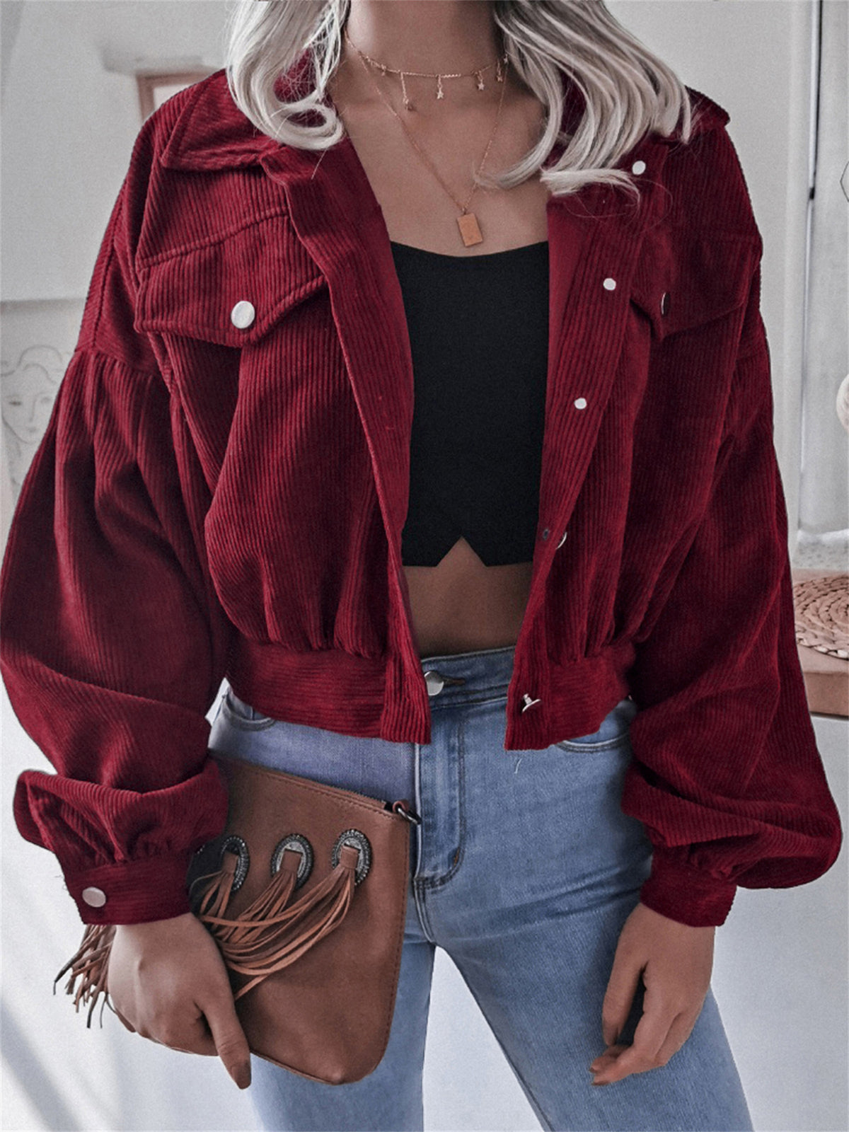 Womens Corduroy Cropped Jacket Balloon Sleeve Oversized