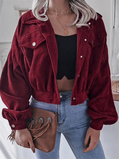 Womens Corduroy Cropped Jacket Balloon Sleeve Oversized