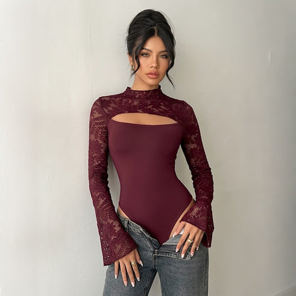 Lace Cutout Bodysuit Mock Neck Flare Sleeve Fitted Top