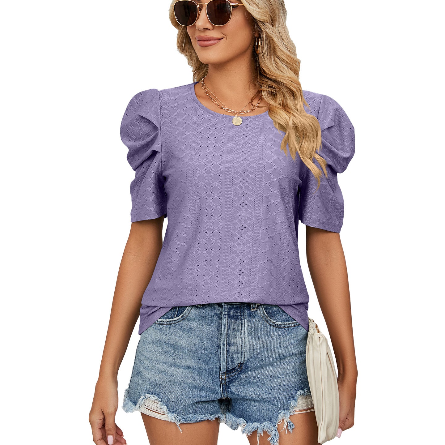 Textured Puff Sleeve Knit Top with Crew Neck