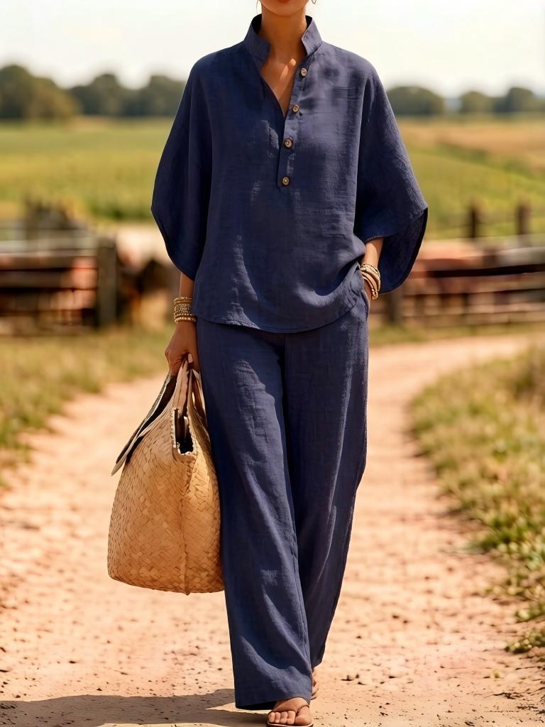 Linen Button Front Top Wide Leg Pants Matching Set