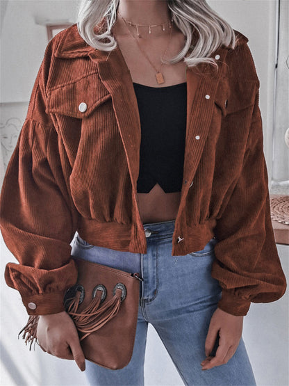 Womens Corduroy Cropped Jacket Balloon Sleeve Oversized
