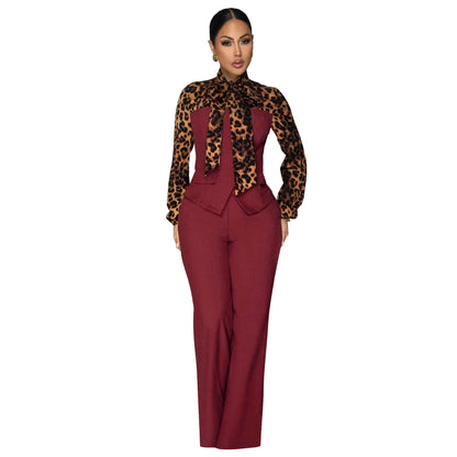 Leopard Print Tie Neck Blouse & Wide Leg Pants Set