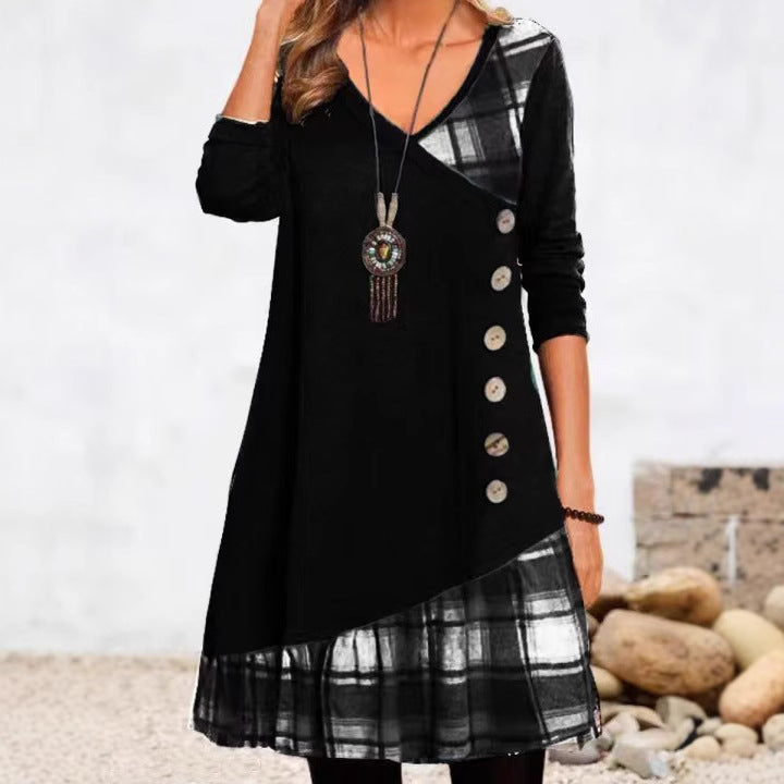 Women's Plaid Patchwork V-Neck Button Long Sleeve Dress