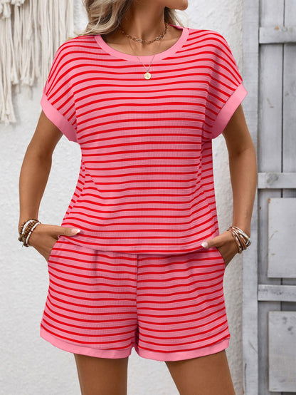 Pink Striped Short Sleeve Top and Shorts Lounge Set