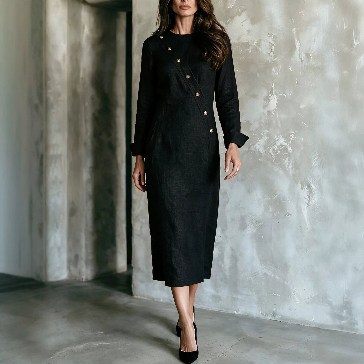 Women's Elegant Asymmetric Button Long Sleeve Midi Dress