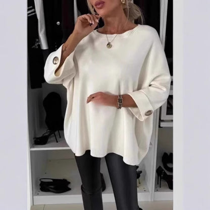 Women's Oversized Crewneck Pullover Button Sleeve