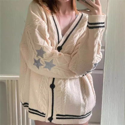 Oversized Chunky Star Embroidered V-Neck Cardigan