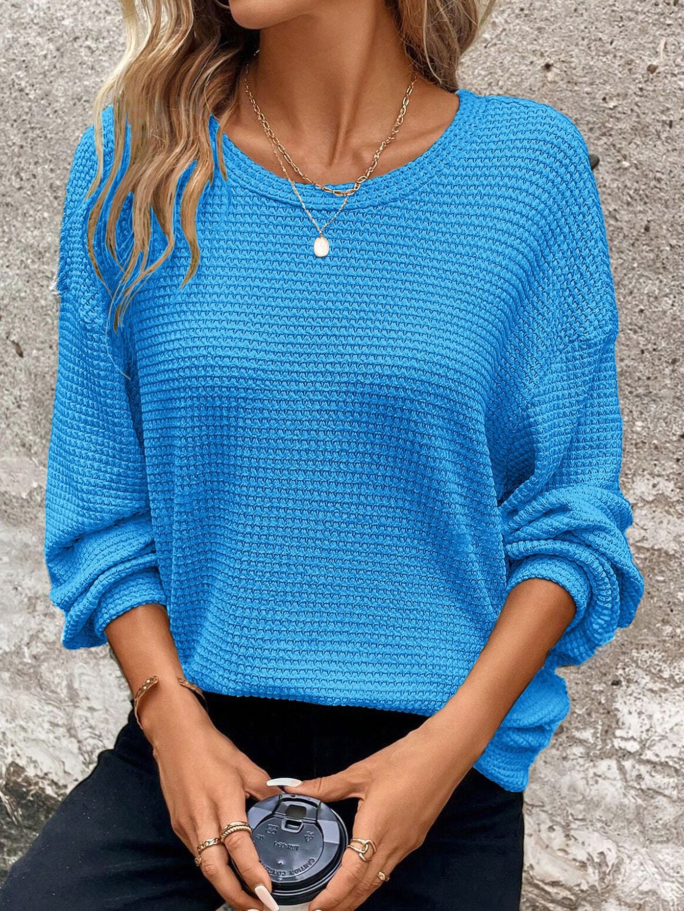 Plus Size Waffle Knit Long Sleeve Pullover Top