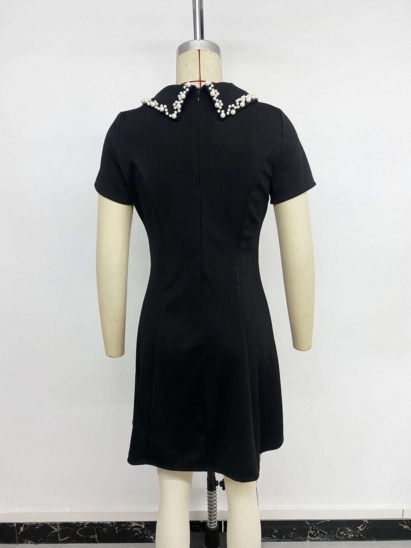 Beaded Collar Black Polo Mini Dress Casual Short Sleeve