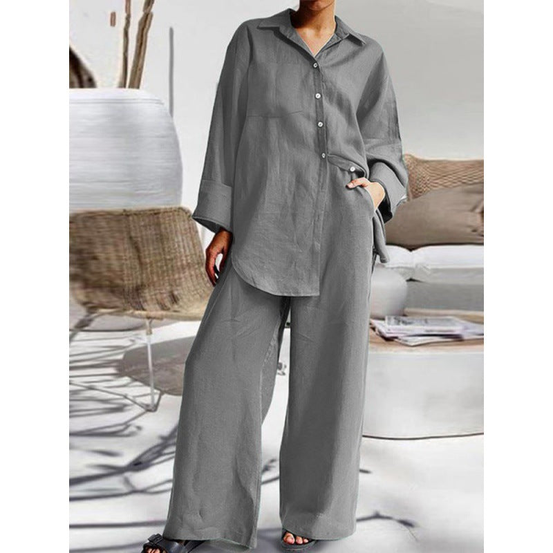 Linen Blend Button Shirt Pants Two Piece Set Casual Outfit