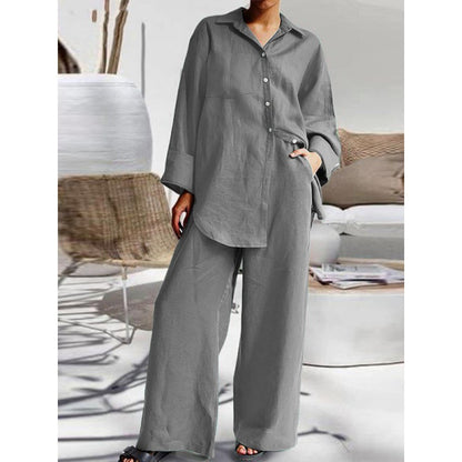Linen Blend Button Shirt Pants Two Piece Set Casual Outfit