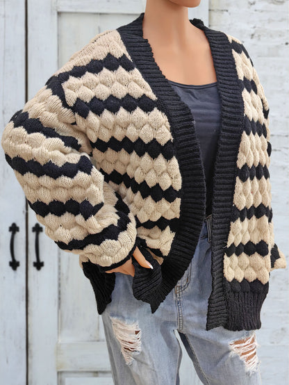 Women's Three-dimensional Contrasting Color Splicing Striped Cardigan Sweater