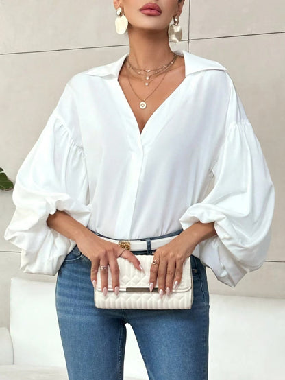 Women's Polka Dot V-Neck Puff Sleeve Loose Blouse