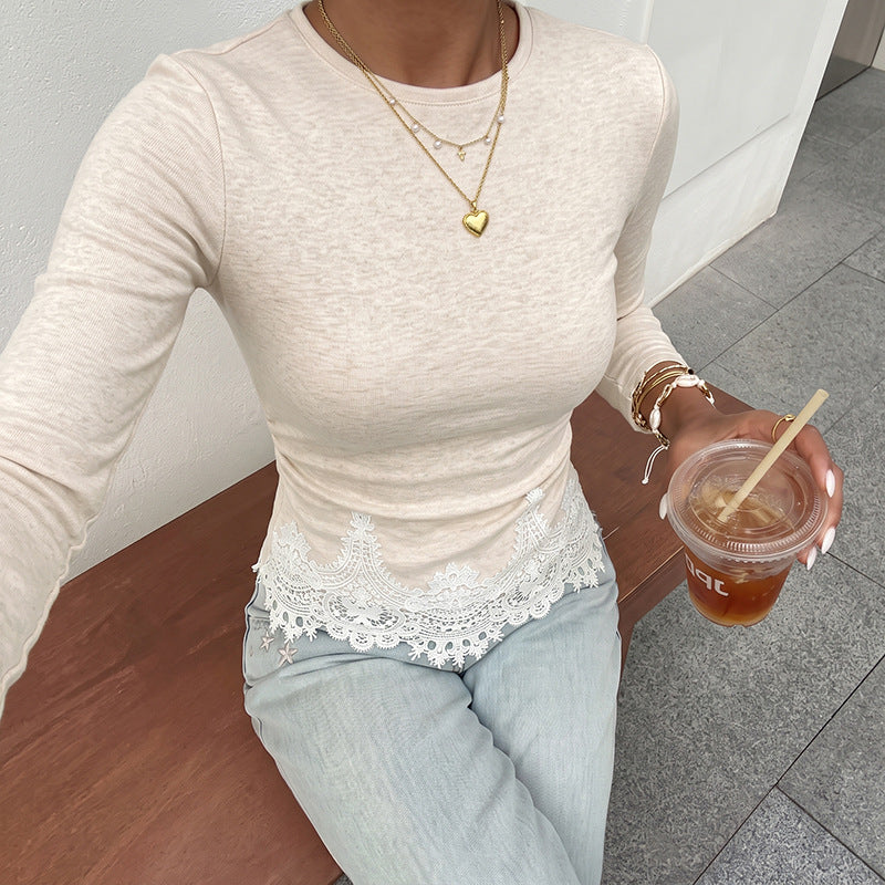 Lace Hem Long Sleeve Top Ruched Crew Neck Slim Fit
