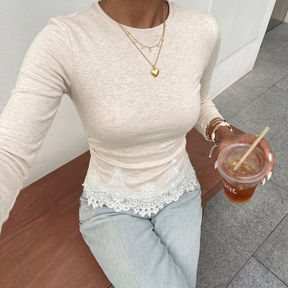 Lace Hem Long Sleeve Top Ruched Crew Neck Slim Fit