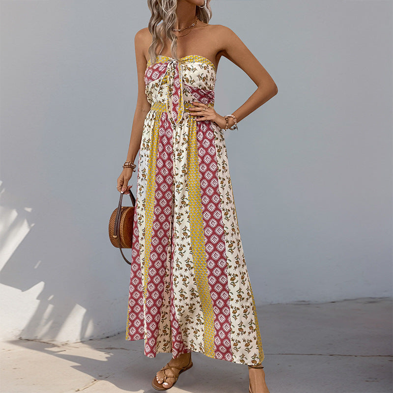 Boho Strapless Printed Wide Leg Jumpsuit Resort Romper